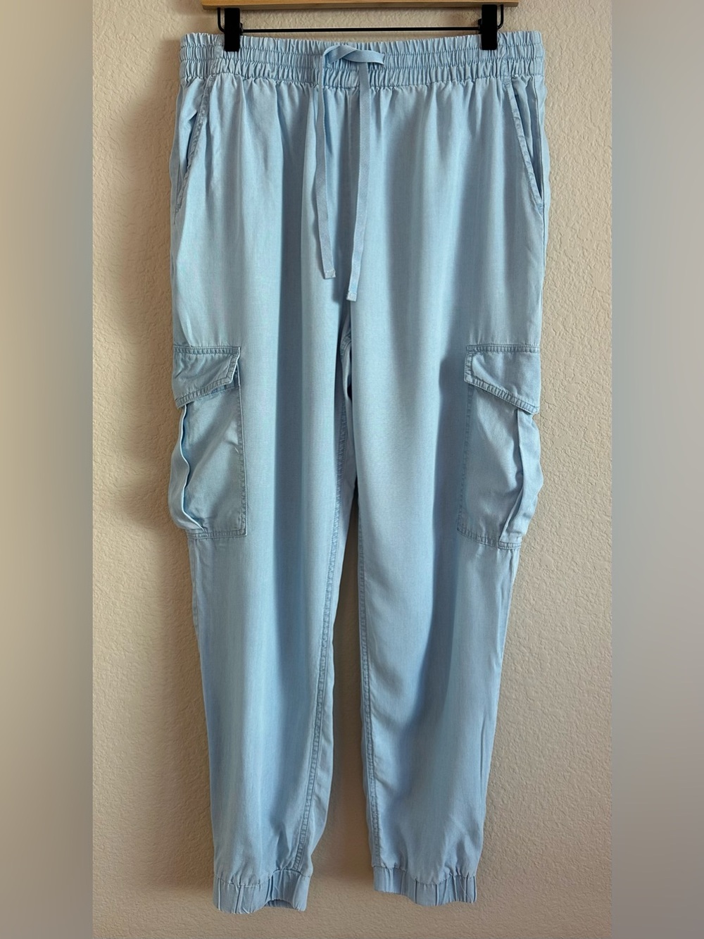 Ecothreads Joggers Cargo Pants Lt Blue Chambray Womens L Pull On Coastal Utility